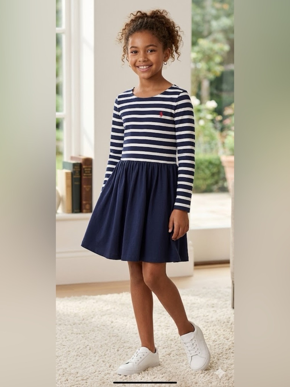 Polo by Ralph Lauren Blue and White Pleated Fit and Flare Dress